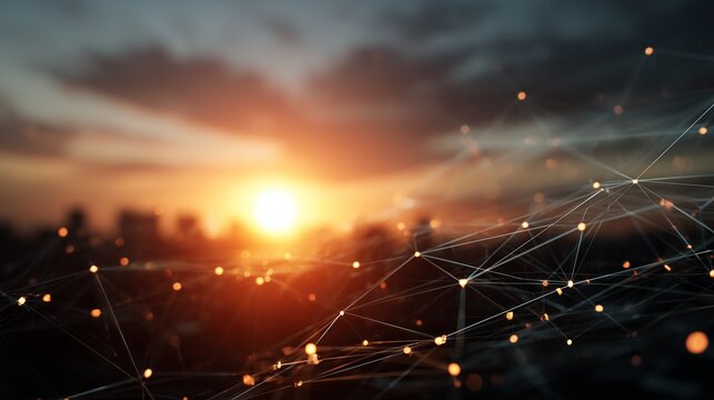 The scene captures a breathtaking sunset with luminous connections representing digital networks across a dark city skyline. This view emphasizes the integration of technology and - Powered by Adobe
