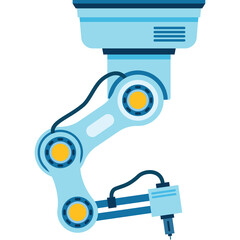 Light Blue Robotic Arm With Yellow Circular Joints and Black Wires Attached To A Pointed Tool Against A Transparent Background