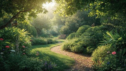 Lush green plants in a verdant garden, promoting a refreshing atmosphere of nature's vitality