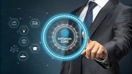 Businessman initiates futuristic digital interface for innovation and growth strategies