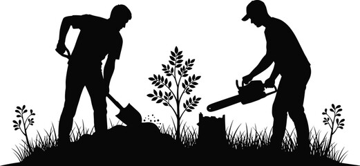 Outdoor labor, silhouette workers, shovel digging, chainsaw cutting, nature work, manual effort, forest scene, teamwork, planting task, environmental care