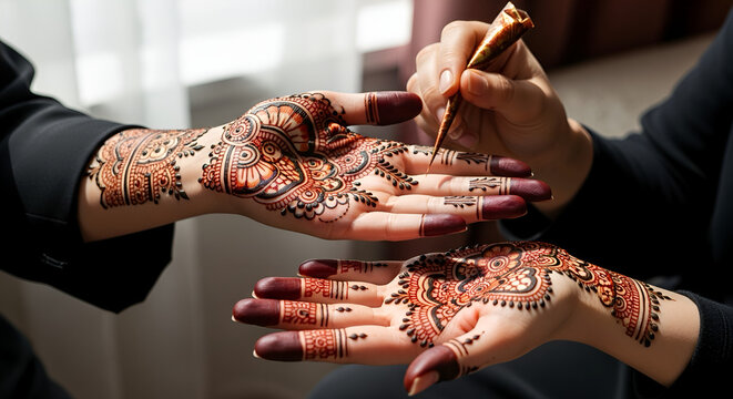 Detailed Artistic Henna Application on Hand for Traditional Ceremony Close Up