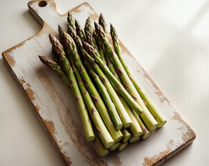 Fresh asparagus arranged neatly on a rustic cutting board, ready for cooking and sharing delicious meals in a cozy kitchen