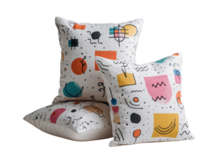 Three pillows with a colorful and abstract design