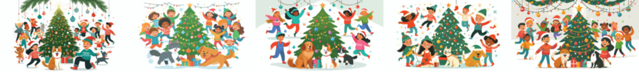 Pets Playing Near the Christmas Tree. Vektor, design, minimalist, illustrations, set icon