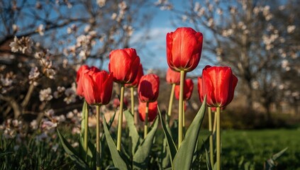 Obraz premium Red tulips, Tulipa gerneriana, set against a blue sky with an apple tree, seasonal change
