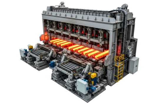 Industrial machine for hot rolling of steel billets in factory isolated on transparent background