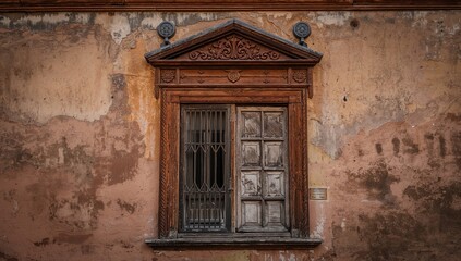 Antique window from a historical museum, showcasing vintage architecture and decorative exterior features, preservation