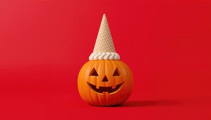 Halloween pumpkins, Jack O Lantern wearing an ice cream cone hat, creative design concept for festive decor