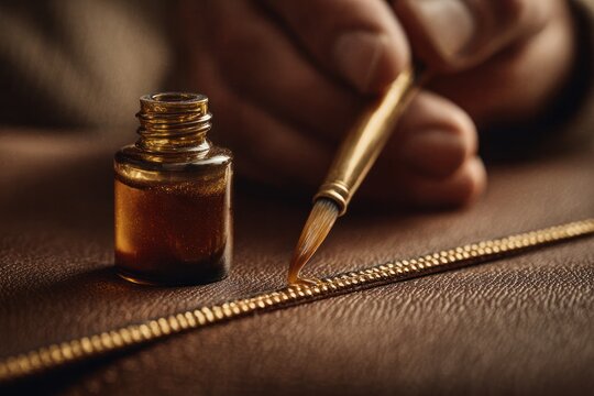 Crafting gold artisan techniques in leatherwork workshop photography close-up handcrafted details - Powered by Adobe