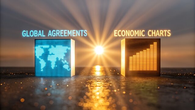 Global agreements and economic charts illuminate a bright future with powerful business insights