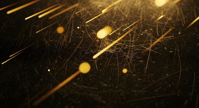 Golden light streaks and particles on a scratched dark surface