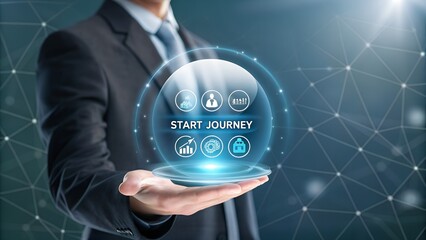 Professional businessman launches new business venture with digital innovation and growth icons