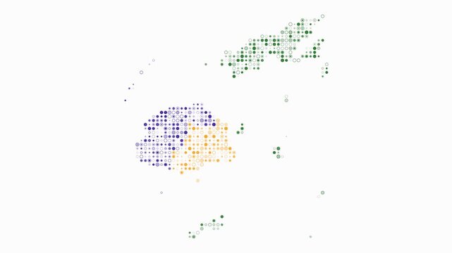 Fiji map animation. Shape of the country with pulsating colored dots. Small size circle blocks. Digital style Fiji map on white background. Abstract video.