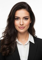 Professional headshot of a confident and elegant young businesswoman with long dark wavy hair, exuding professionalism and success against a clean white background