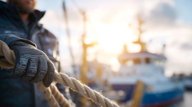 308Thick rope tightly held by gloved hand, soft-focus research vessel in harbor behind, bright sun overhead casting shadows on rope and glove, crisp textures with cinematic framing