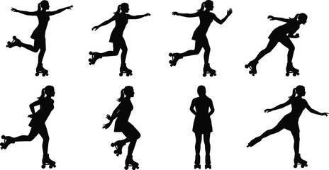 Roller skating silhouette, woman in motion, dynamic poses, black figure, minimal design, skating balance, movement study, sport concept, graceful glide
