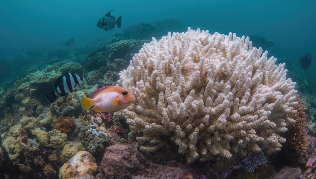 Strawberry rabbitfish and black snapper swimming in a coral reef, showcasing marine biodiversity