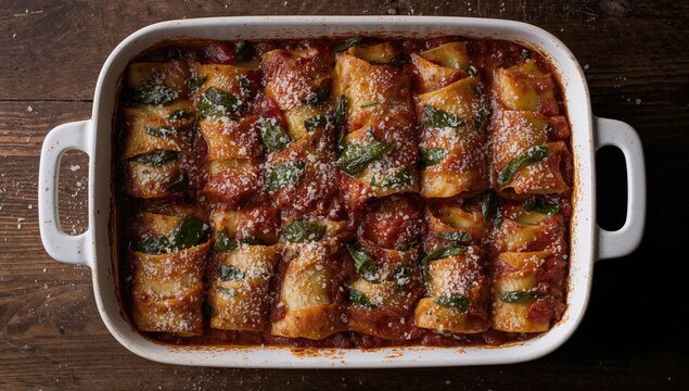 Traditional rustic Italian cannelloni filled with ricotta and spinach in tomato sauce, fiber-dense choice