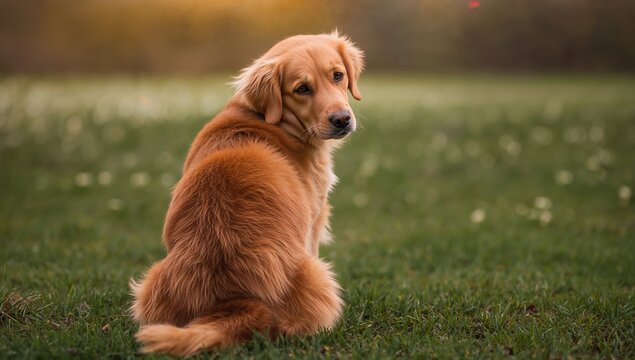 Sad golden retriever sits on the ground looking back, theme of isolation
