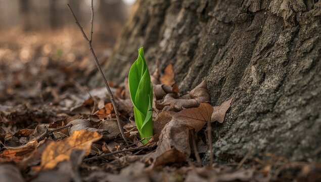 Skunk Cabbage grows among decaying foliage and a tree trunk during Spring, highlighting seasonal change