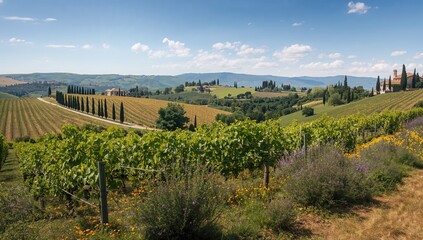 Naklejka premium Vineyards with grapevines and rolling hills near a winery under summer sunlight, capturing the essence of wine production