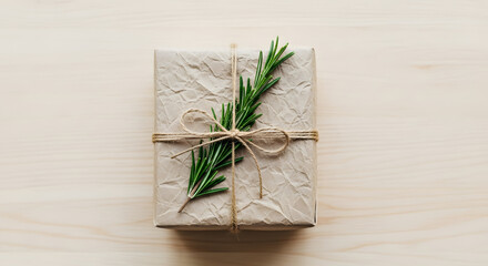 Rustic Gift Box Wrapped with Brown Paper, Twine and Rosemary Sprig on Wooden Background