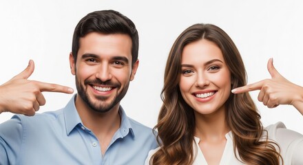 Joyful young couple proudly showcasing their radiant, healthy white smiles, pointing to their perfectly aligned teeth, emphasizing dental care and oral hygiene for a bright, confident appearance