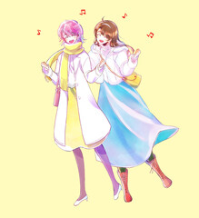 外出する女性　はしゃぐ　2人　冬