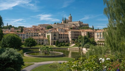Fototapeta premium Townscape featuring architecture and gardens, showcasing urban density and natural beauty