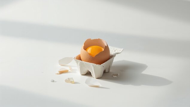 One broken egg in a carton, highlighting the risk of saturated fat, World Egg Day