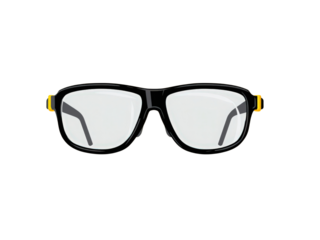 A pair of black and yellow glasses with a white frame