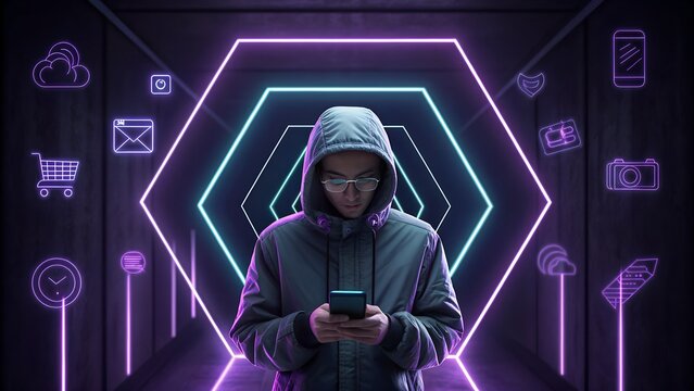 Young person engrossed in smartphone amidst vibrant neon tech icons and futuristic hexagon tunnel