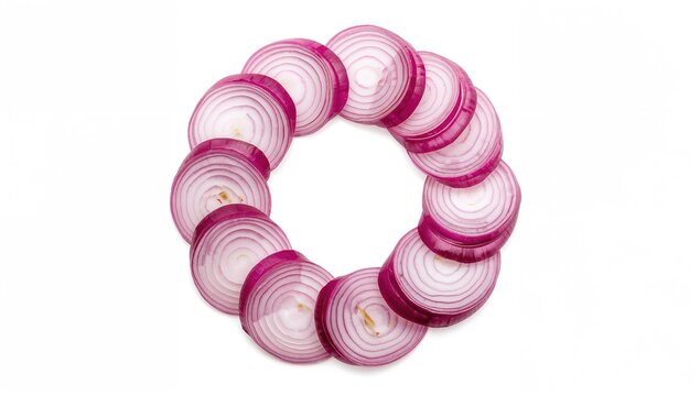 Sliced red onions displayed against a plain white background, ideal for culinary presentations - Powered by Adobe