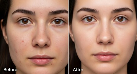 Close-up comparison of a woman's face, highlighting the transformative effects of advanced skincare or cosmetic enhancement, showcasing an improved complexion and a visibly flawless skin appearance