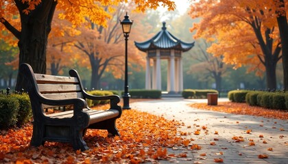 Empty park bench rests on path covered in fallen orange leaves. Tall trees with golden foliage surround Chinese style pavilion and lamppost on sunny autumn day.