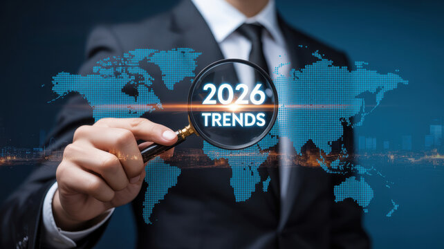 Businessman with magnifying glass showing 2026 trends over a world map background