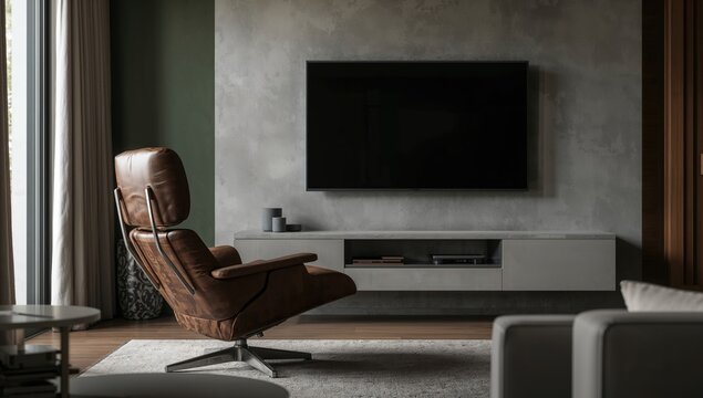 A concrete wall supports a mounted television in a minimalistic leather recliner room, emphasizing modernity and simplicity.