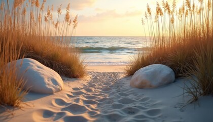 Sandy path leads to serene sea beach at sunset. Golden reeds frame clear ocean water view. Large rocks sit on soft white sand. Gentle waves roll to shore under warm sky. Peaceful coastal scene offers