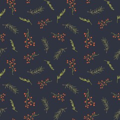 Watercolor seamless pattern with Christmas berries and pine branches, winter botanical design for wrapping and fabric