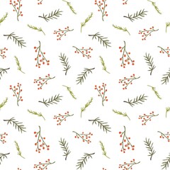 Watercolor seamless pattern with Christmas berries and pine branches, winter botanical design for wrapping and fabric