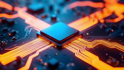 Advanced microchip glowing circuitry animation showcasing futuristic processor connections with high-speed data flow for cutting-edge digital technology innovation video hd - Powered by Adobe