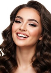 Captivating portrait of a joyful young woman with luxurious long dark waves, luminous skin, and sophisticated eye makeup, beaming with genuine happiness and grace