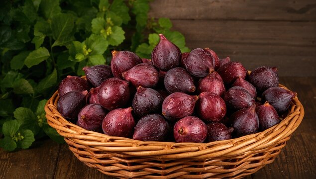 Summer crate overflowing with various purple figs, fiber-dense choice