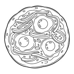 Outline pizza with fried eggs and sliced sausage vector illustration coloring page art