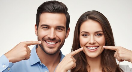 Radiant, confident smiles of a happy young couple, proudly showcasing their perfectly white and healthy teeth, symbolizing dental wellness, joy, and aesthetic appeal