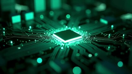 Futuristic green microchip animation with glowing circuit pathways, advanced semiconductor technology, high-tech electronic motherboard design and modern digital computing hardware background