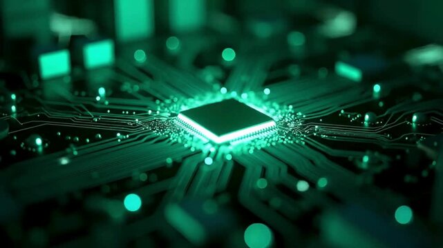 Futuristic green microchip animation with glowing circuit pathways, advanced semiconductor technology, high-tech electronic motherboard design and modern digital computing hardware background