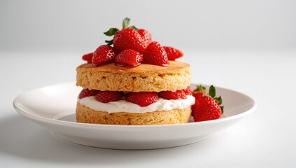 Detailed view of a strawberry shortcake served on a white dish, dessert indulgence