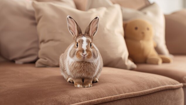 Russet spotted banny rabbit lounging on a sofa, relaxation theme